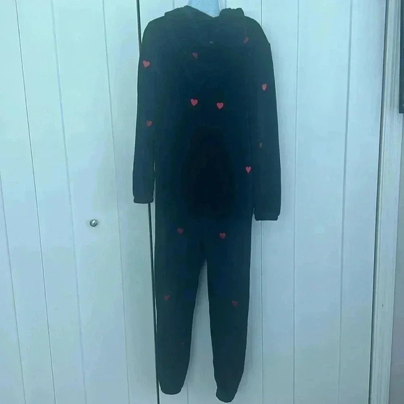 PINK Victoria's Secret Black Hooded Red Heart Print Onesie Lounge Wear XS Small - Picture 4 of 7